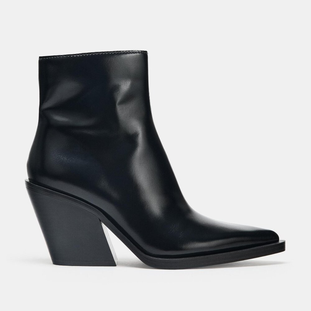 ZARA COWBOY HEELED LEATHER ANKLE BOOTS